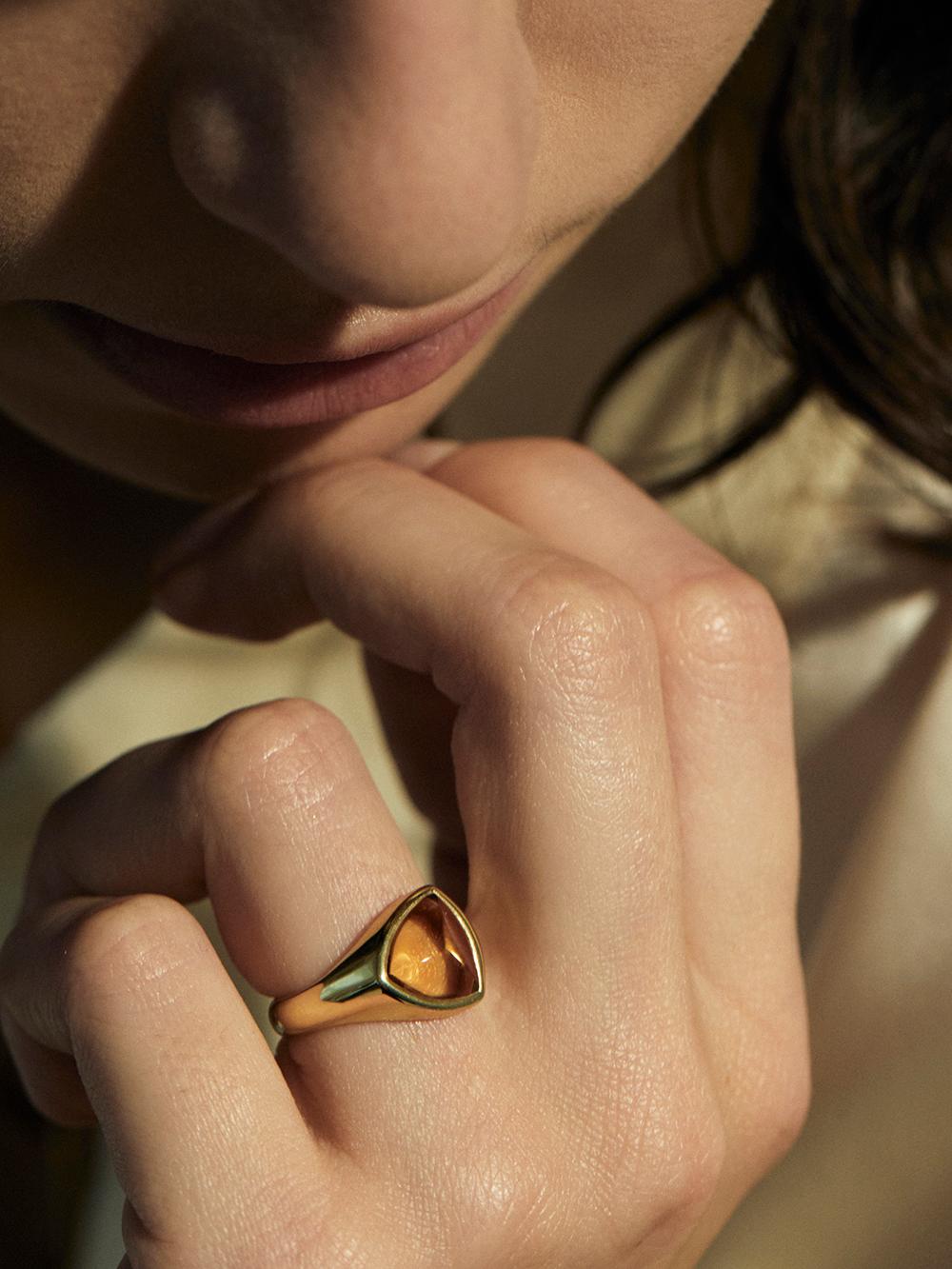 Trillion Signet Citrine and Yellow Gold